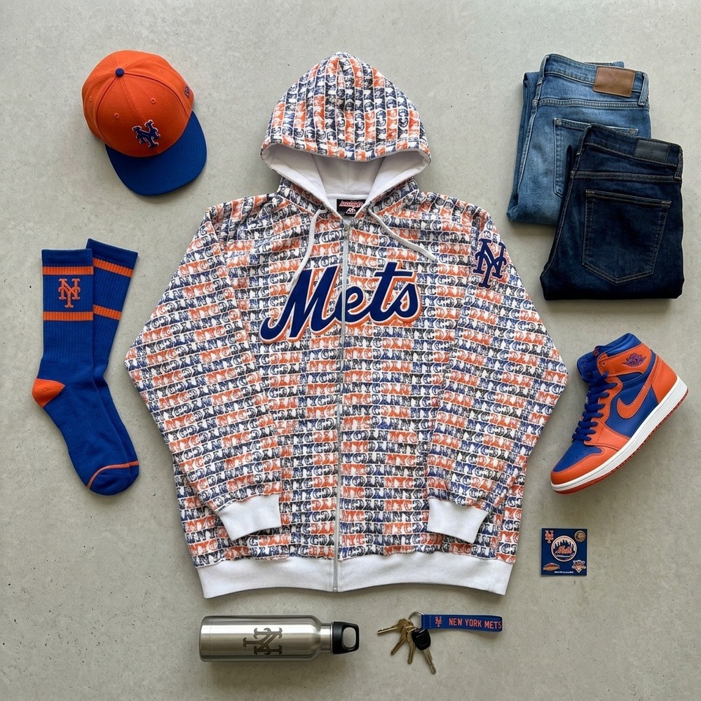 Stitches New York Mets Full Zip Hoodie 2XL XXL All Over Print NYC Baseball